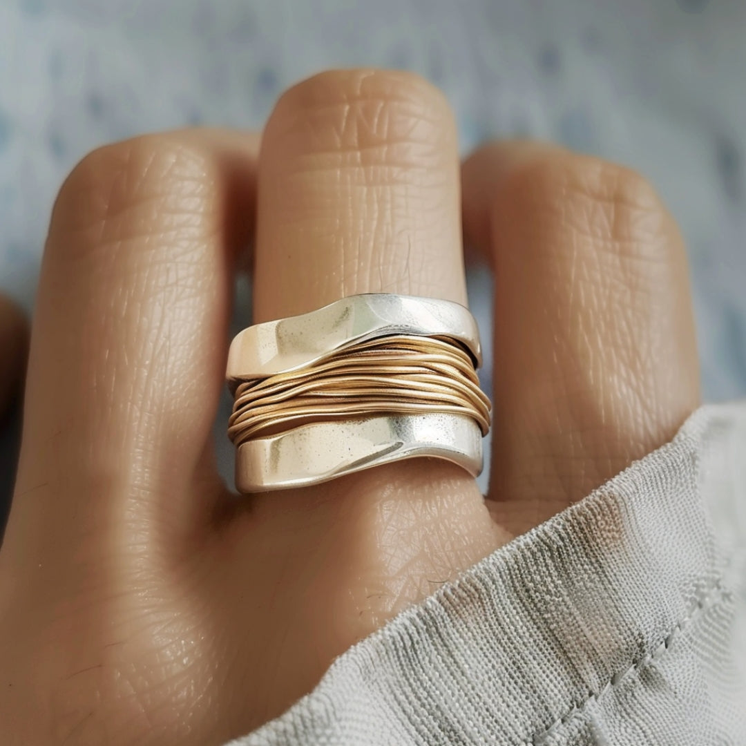 Unique Silver Golden Threads Ring