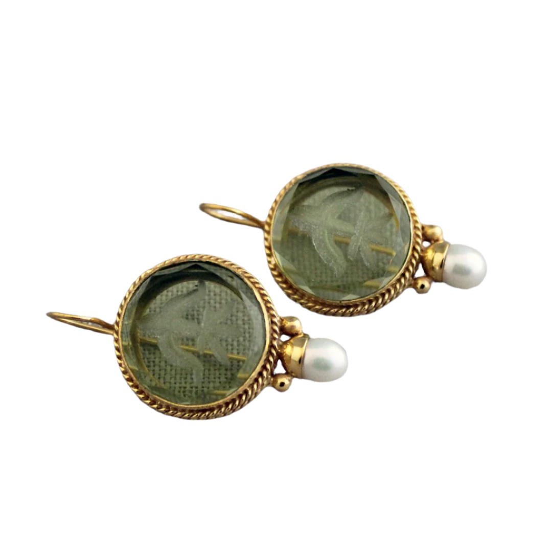 Penelope | Vintage Pearl Earrings with Rounded Green Stones