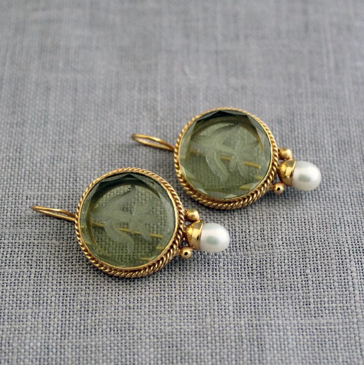 Penelope | Vintage Pearl Earrings with Rounded Green Stones