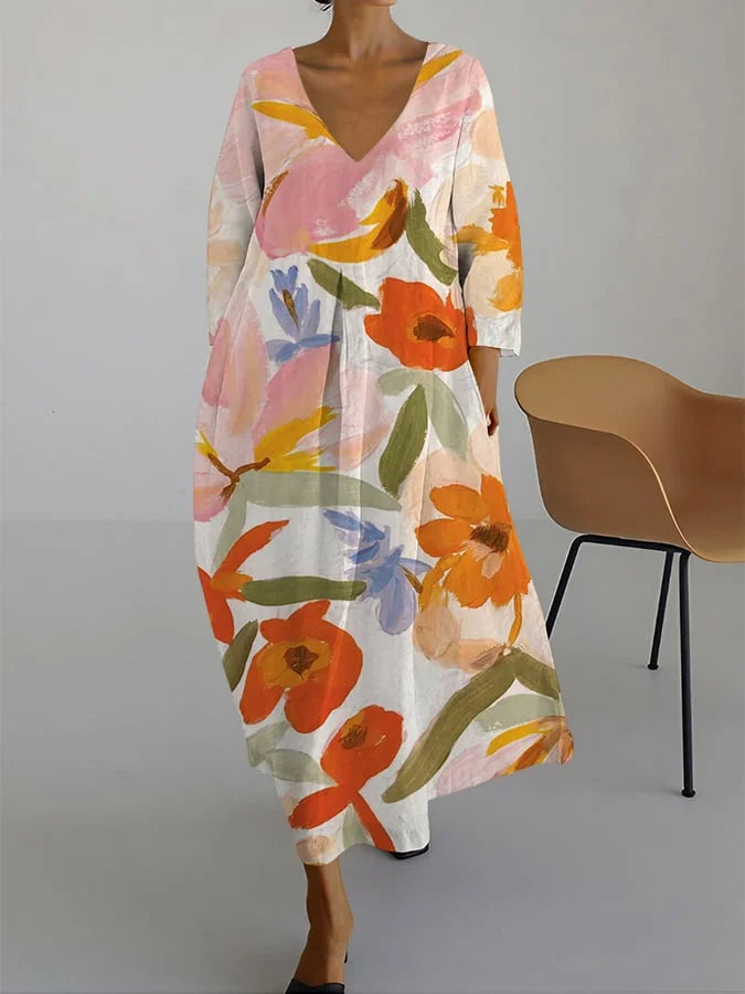 ISLA™ - Summer V-Neck Dress with Floral Pattern -