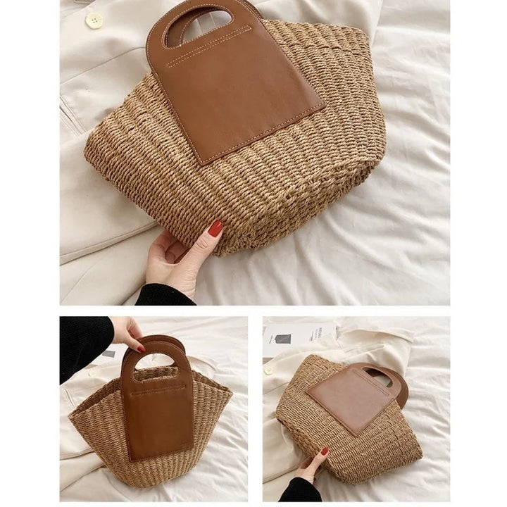 Large Capacity Straw Bags for Women Fashion Ladies Tote Top Handle Satchel with PU Leather Handle