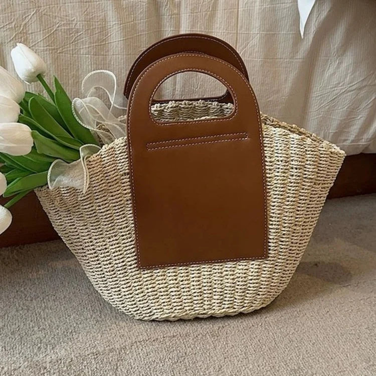 Large Capacity Straw Bags for Women Fashion Ladies Tote Top Handle Satchel with PU Leather Handle