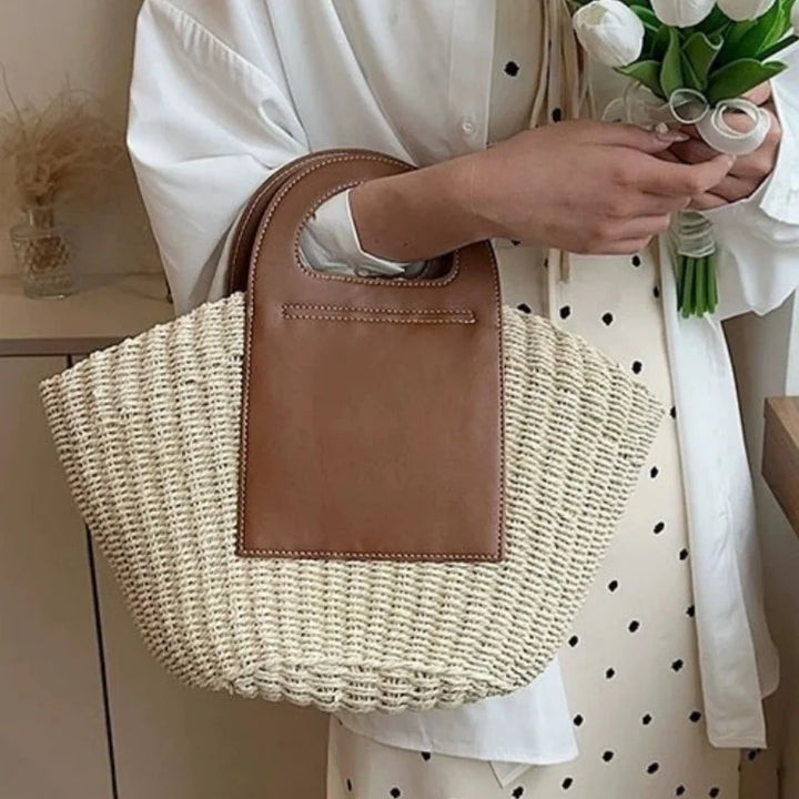 Large Capacity Straw Bags for Women Fashion Ladies Tote Top Handle Satchel with PU Leather Handle