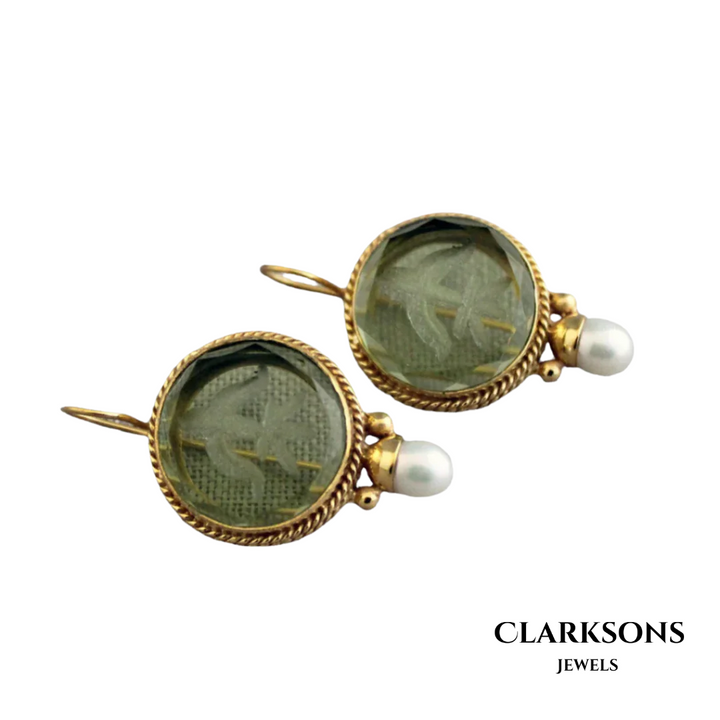 Penelope | Vintage Pearl Earrings with Rounded Green Stones