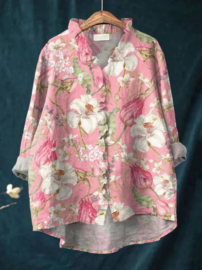 Koszula Damska w Stylu Vintage z Kwiatowym Wzorem, Casual, Bawełnowo-Lnianą z Falbankami