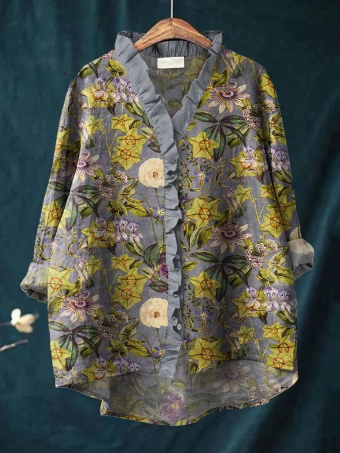 Koszula Damska w Stylu Vintage z Kwiatowym Wzorem, Casual, Bawełniana i Lniana z Falbankami