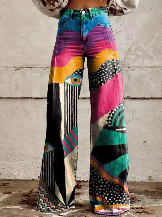 TALIA | High Waist Boho Flare Pants with Festival Art Look