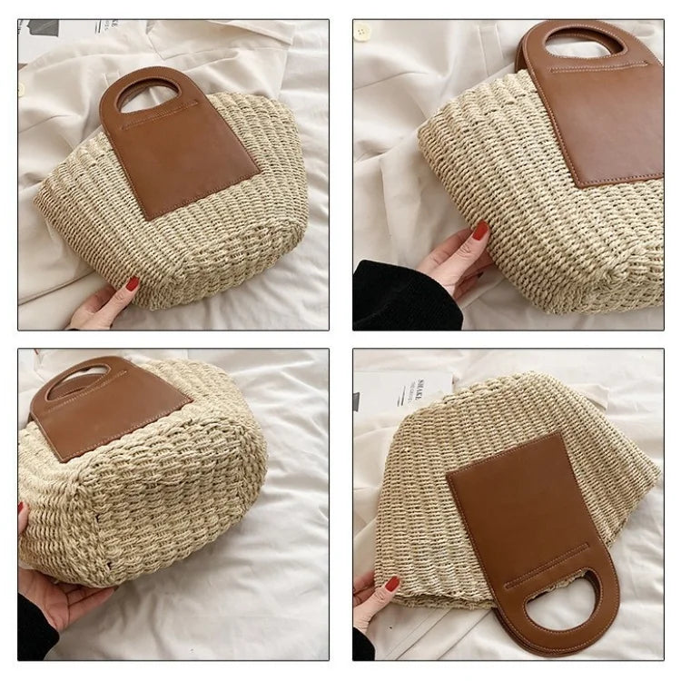 Large Capacity Straw Bags for Women Fashion Ladies Tote Top Handle Satchel with PU Leather Handle