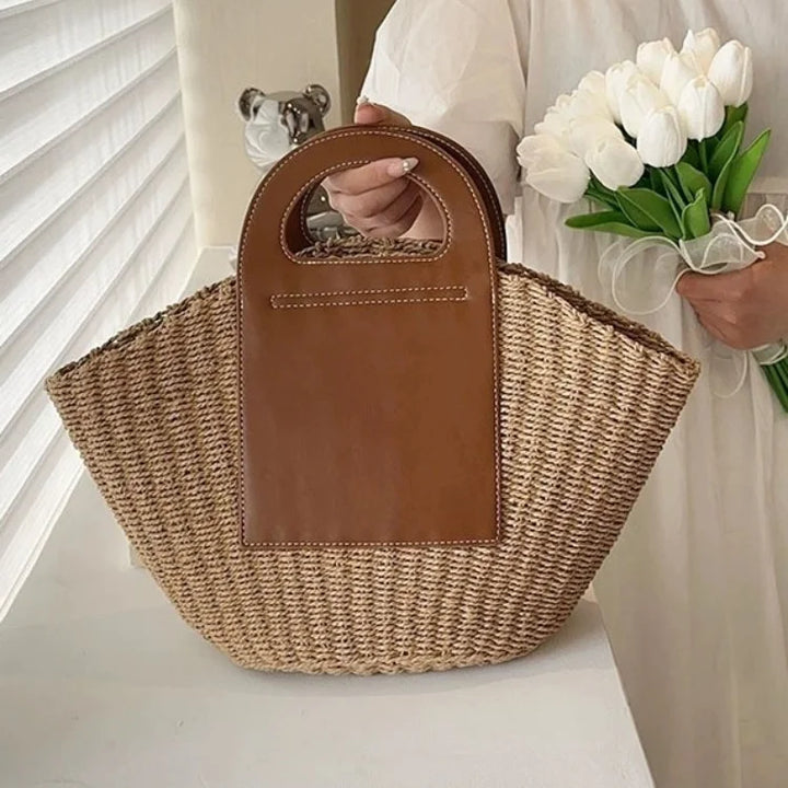 Large Capacity Straw Bags for Women Fashion Ladies Tote Top Handle Satchel with PU Leather Handle