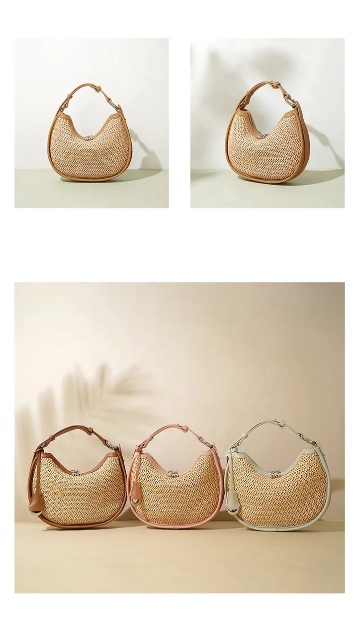 Ele Lady's Raffia  Handbag Cow Genuine Leather Hand Bags with Adjustable Handle Half Moon Design Zipper Closure Shoulder Bag