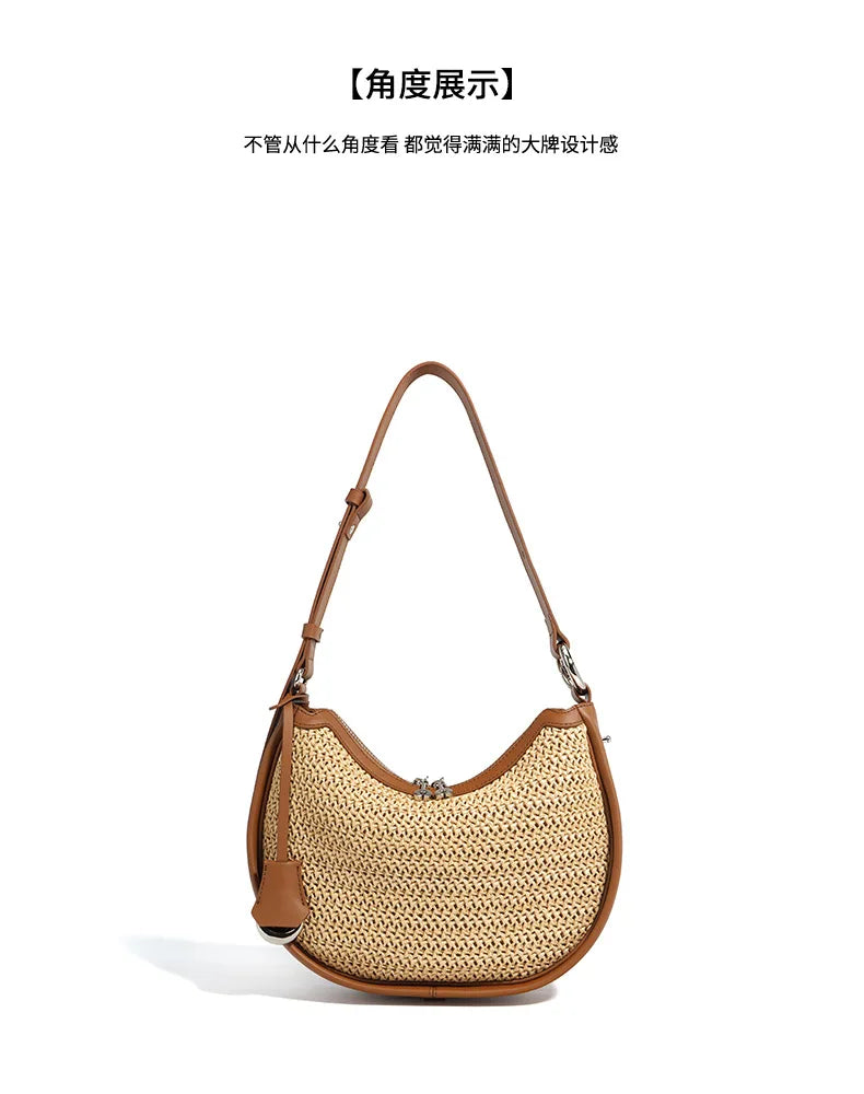 Ele Lady's Raffia  Handbag Cow Genuine Leather Hand Bags with Adjustable Handle Half Moon Design Zipper Closure Shoulder Bag