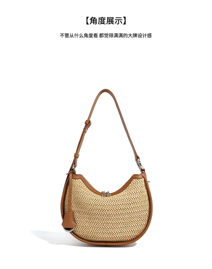 Ele Lady's Raffia  Handbag Cow Genuine Leather Hand Bags with Adjustable Handle Half Moon Design Zipper Closure Shoulder Bag