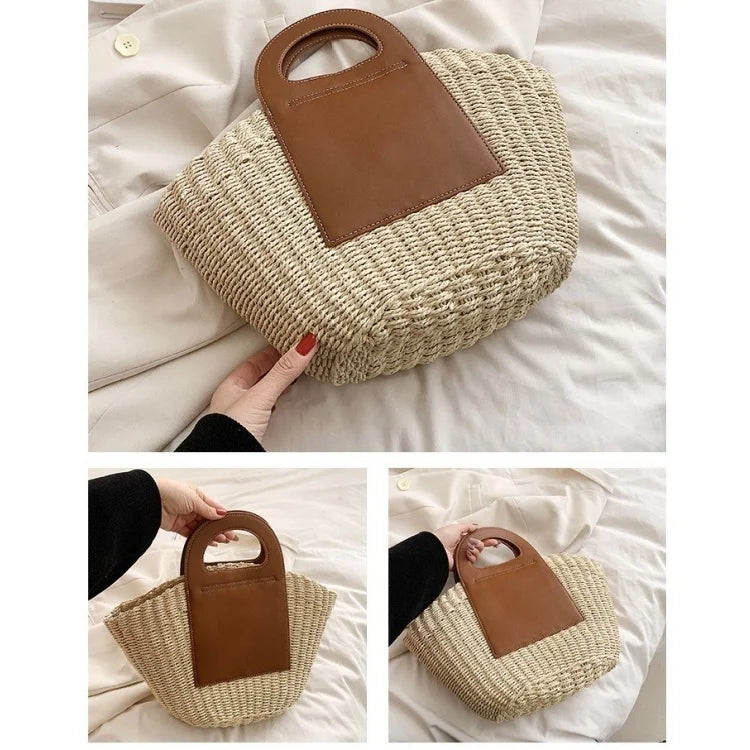 Large Capacity Straw Bags for Women Fashion Ladies Tote Top Handle Satchel with PU Leather Handle
