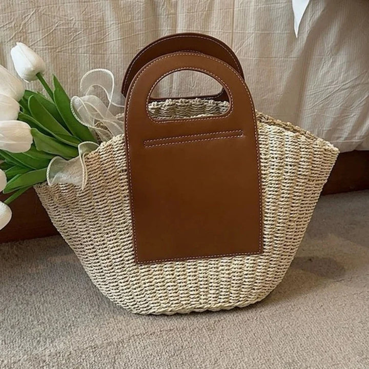 Large Capacity Straw Bags for Women Fashion Ladies Tote Top Handle Satchel with PU Leather Handle