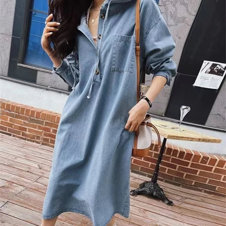 Nora Haven – Long Sleeve Denim Hoodie Dress
