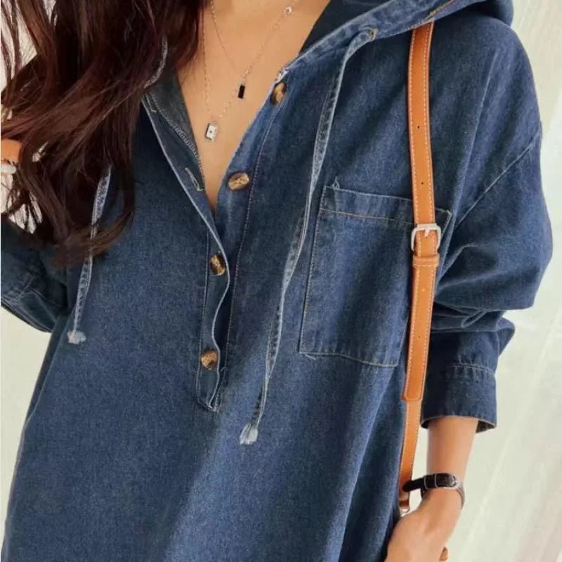 Nora Haven – Long Sleeve Denim Hoodie Dress