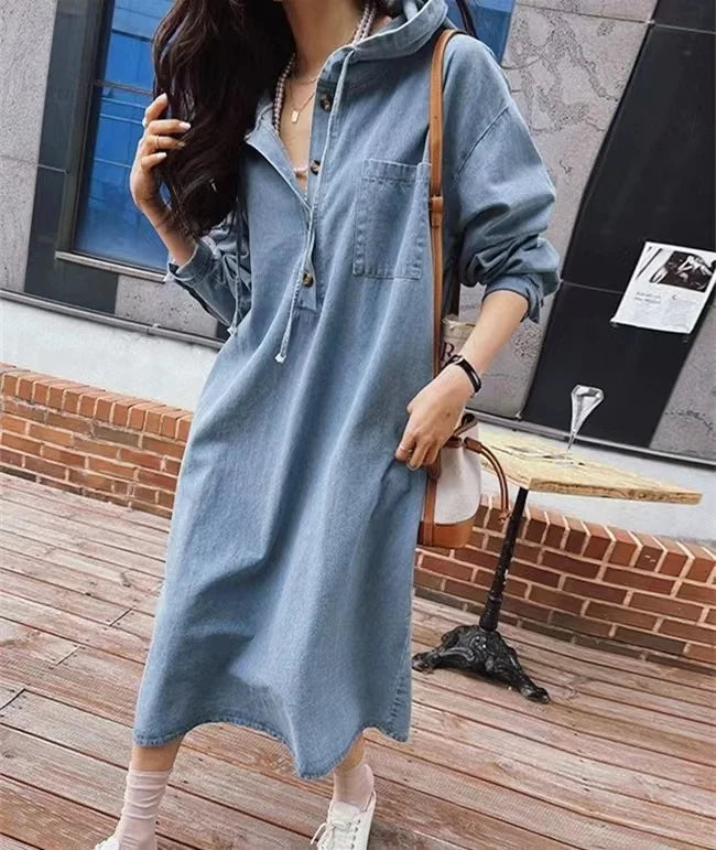 Nora Haven – Long Sleeve Denim Hoodie Dress