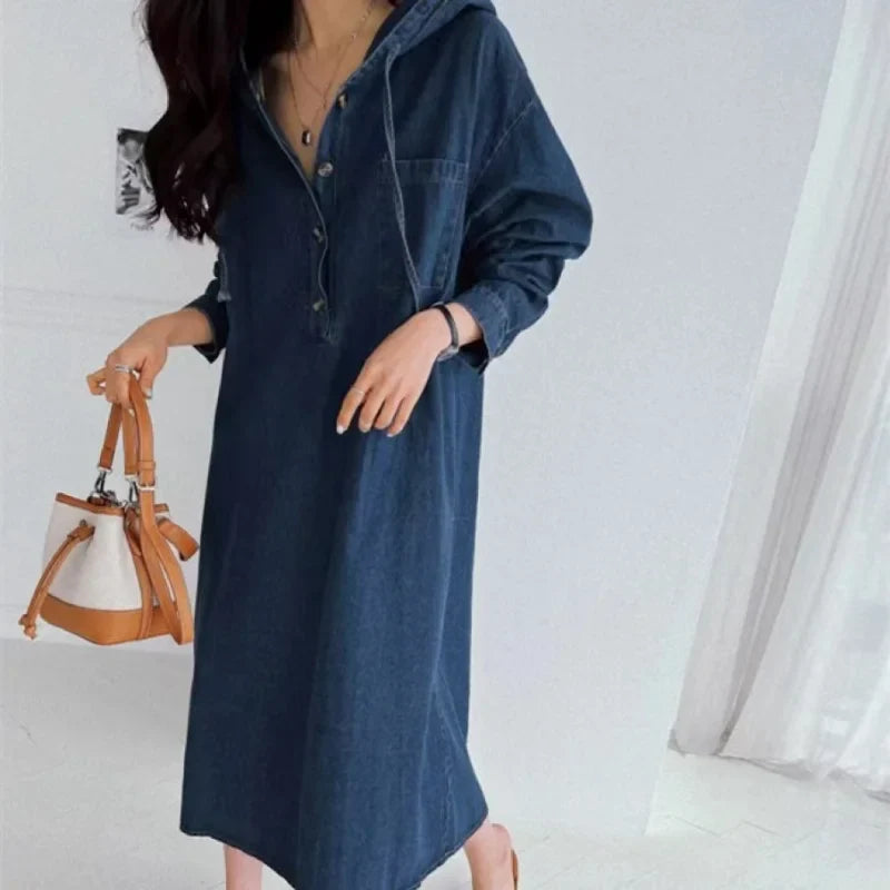 Nora Haven – Long Sleeve Denim Hoodie Dress