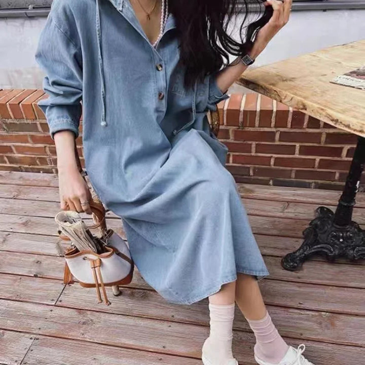 Nora Haven – Long Sleeve Denim Hoodie Dress