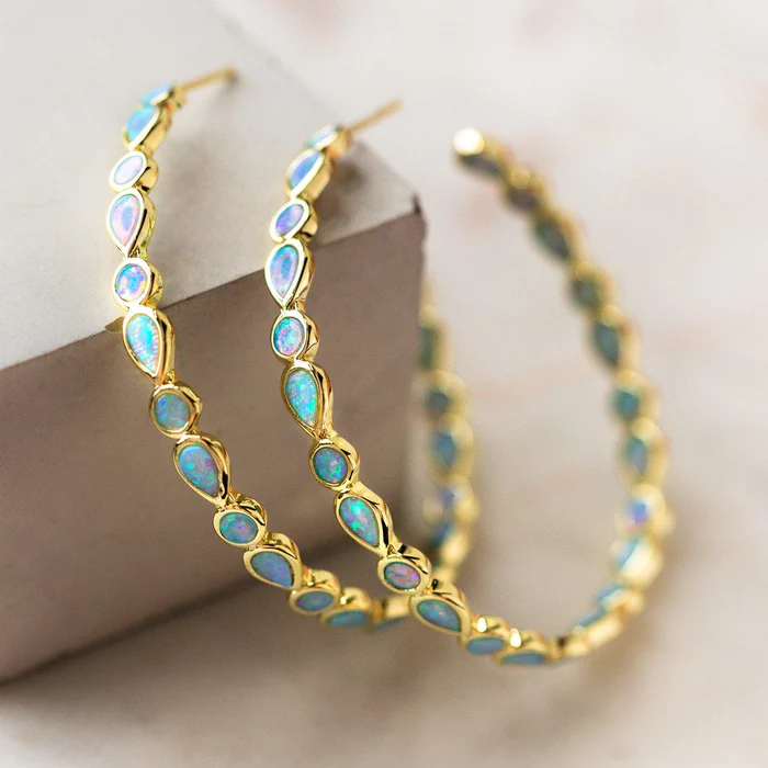 The Paige Vintage Gold Hoop Earrings with Blue Opal